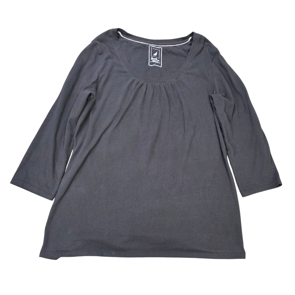 Nautica Scoop Neck Pleated Sleepwear Top Women's Size Large Black 3/4 Sleeve